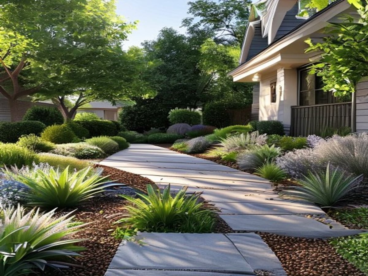 AI front yard design concept for curb appeal with path and planting