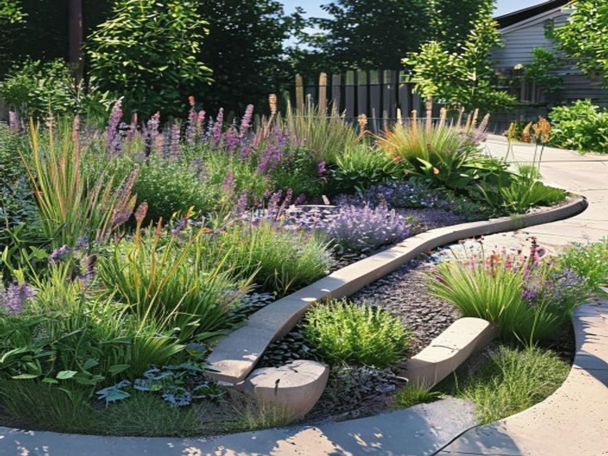 AI garden design concept with layered plants and curved beds